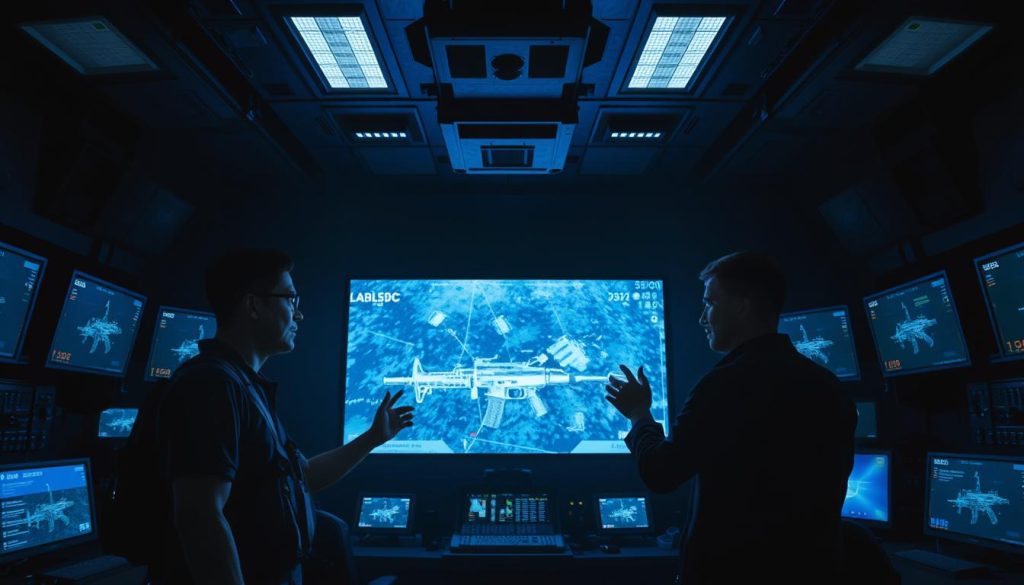 A dimly lit military operations room, with a large tactical display screen dominating the center. Two PUBG players stand intently, studying the screen which shows a detailed overhead view of a battlefield. One player gestures, explaining strategy to the other, their expressions focused and intense. Soft blue lighting casts dramatic shadows, creating an atmosphere of high-stakes decision-making. The room is filled with the glow of multiple screens, consoles, and control panels, conveying a sense of advanced technology supporting their gameplay. The camera angle is slightly elevated, giving a birds-eye perspective that emphasizes the players' intense collaboration and strategic prowess.