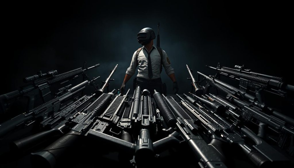 A meticulously lit scene showcasing an array of firearms against a dark, moody backdrop. In the foreground, a variety of assault rifles, submachine guns, and tactical shotguns are carefully arranged, their intricate details and gleaming surfaces captured with cinematic flair. The middle ground features a selection of sniper rifles and precision marksman weapons, their long barrels and scopes hinting at their deadly accuracy. In the background, a shadowy silhouette of a battle-hardened PUBG player, contemplating their weapon loadout for the next intense firefight. Dramatic chiaroscuro lighting casts dramatic shadows, creating a sense of tension and strategic decision-making. The scene conveys the tactical depth and weapon mastery at the heart of the PUBG experience.