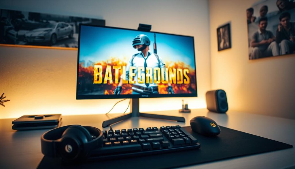 A modern gaming setup displaying the PUBG logo on a high-resolution monitor, with a keyboard, gaming mouse, and a pair of headphones in the foreground. The scene is bathed in a soft, warm glow of indirect lighting, creating a cozy and inviting atmosphere. The background features a minimalist, clean-lined desk, and a wall adorned with gaming-themed artwork or decor, suggesting a dedicated gaming space. The overall composition conveys a sense of immersion and the excitement of playing the popular battle royale game "PUBG" (PlayerUnknown's Battlegrounds).