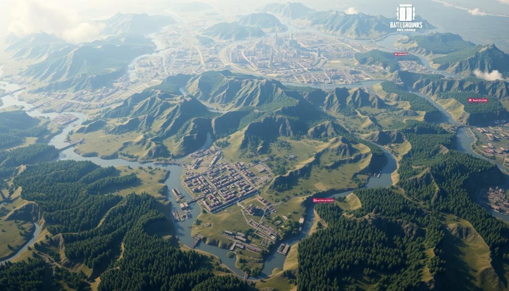 A vast, detailed map of the Battlegrounds in the popular battle royale game "PUBG" (PlayerUnknown's Battlegrounds). The map is displayed in a clean, isometric perspective, showcasing the diverse terrain and environments. Lush forests, rugged mountains, winding rivers, and sprawling cities are meticulously rendered, with a focus on geographical features and strategic locations. The lighting is soft and natural, creating a sense of depth and atmosphere. The level of detail allows the viewer to clearly identify different zones, landmarks, and points of interest, making it an invaluable resource for new players to understand the game's landscape and plan their strategies accordingly.