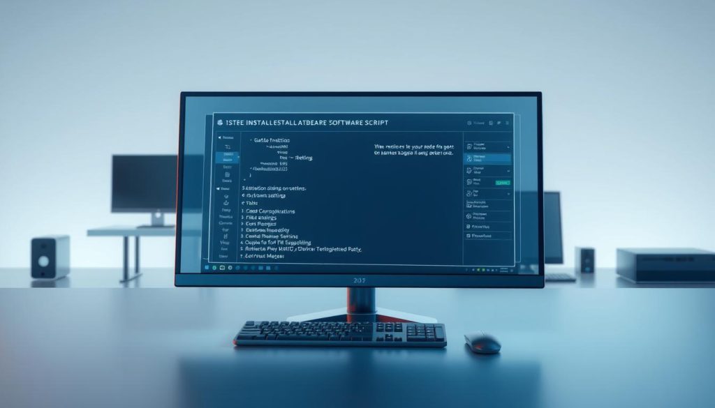 A detailed 3D illustration depicting the step-by-step process of a computer software installation script running on a Steam platform. In the foreground, a sleek, modern desktop computer with a holographic interface displays the various stages of the installation flow, from file extraction to configuration settings. The middle ground showcases a minimalist, well-lit workspace with a keyboard, mouse, and other peripherals, suggesting a professional, streamlined environment. The background features a subtle, ethereal gradient, creating a sense of depth and digital atmosphere. The overall composition conveys a clean, technological aesthetic that aligns with the subject matter of Steam software installation.
