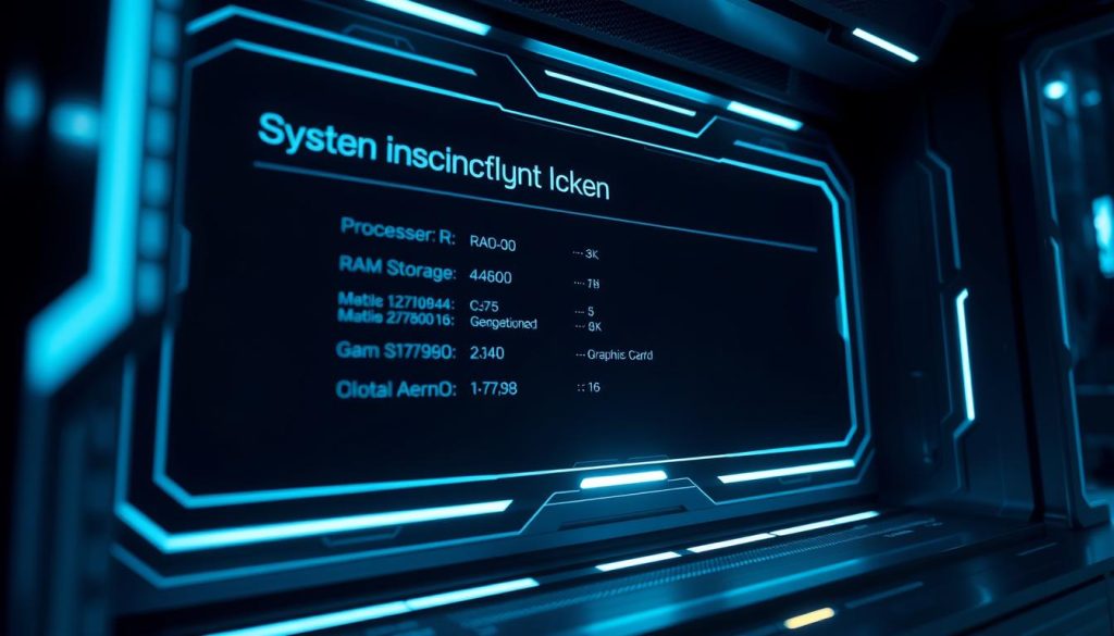 A detailed, futuristic computer interface displaying system requirements for game installation. Sleek, minimalist design with clean lines and a dark, high-tech aesthetic. The interface shows key metrics like processor, RAM, storage, and graphics card specifications, allowing the user to quickly assess whether their system meets the necessary criteria. Holographic elements and subtle glowing accents create an immersive, sci-fi atmosphere. Camera angle is slightly elevated, giving a dynamic, cinematic perspective. Lighting is directional, casting dramatic shadows and highlights to enhance the technological feel. The overall scene conveys a sense of precision, efficiency, and the importance of compatibility for a seamless gaming experience.