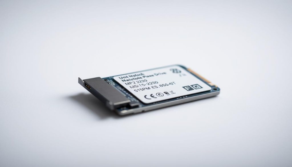 A close-up, high-resolution image of a M.2 2230 solid-state drive (SSD), showcasing its compact form factor and key technical specifications. The SSD is depicted against a clean, minimalist background, allowing the device to be the focal point. Soft, directional lighting illuminates the SSD's sleek metal casing, highlighting its key design elements and connectors. The image conveys a sense of precision, functionality, and technical prowess, suitable for illustrating a guide on SSD upgrades and compatibility for the Steam Deck handheld gaming device.