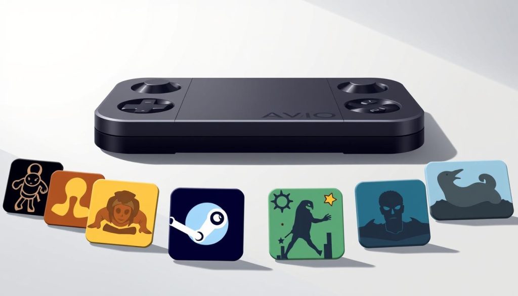A minimalistic, clean, and modern illustration showcasing a collection of popular Steam Deck games. In the foreground, several sleek game icons are neatly arranged, reflecting a diverse range of genres and styles. The middle ground features the Steam Deck device itself, depicted in a sophisticated, matte-finished metallic tone, resting on a subtle gradient background. The lighting is soft and diffused, creating a sense of depth and highlighting the sophisticated design of the hardware. The overall mood is one of curation, quality, and the excitement of discovering the best gaming experiences on the go.