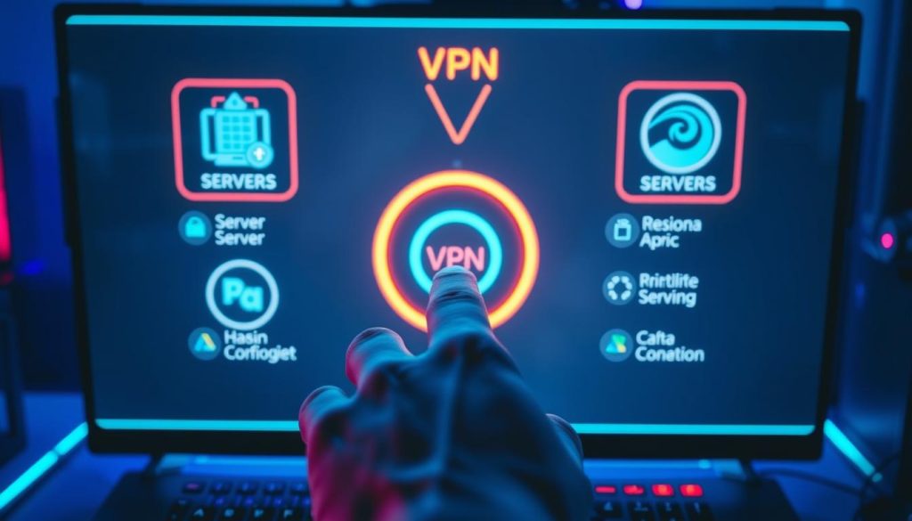 A neon-lit computer desktop with a prominent VPN connection toggle, surrounded by icons and UI elements representing different server locations. The scene is bathed in a cool, futuristic glow, with subtle animated transitions between the server options. In the foreground, a hand hovers over the VPN toggle, ready to seamlessly switch regions and unlock new gaming opportunities. The overall mood is one of efficiency, control, and a sense of gaming optimization.