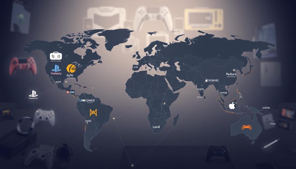 A visually striking illustration of global game price disparities, showcasing a vast world map with prices displayed in multiple currencies. The map is rendered in a muted, sober color palette, conveying the serious nature of the topic. The foreground features various game logos and icons, strategically placed to highlight the differences in regional pricing. The middle ground depicts major gaming hubs and markets, connected by glowing lines that represent the flow of digital content. The background is a softly blurred array of gaming hardware, consoles, and peripherals, creating a sense of the broader gaming ecosystem. The lighting is directional, casting subtle shadows and highlights to add depth and dimension to the scene. The overall composition is clean, balanced, and designed to clearly communicate the key message of the section.