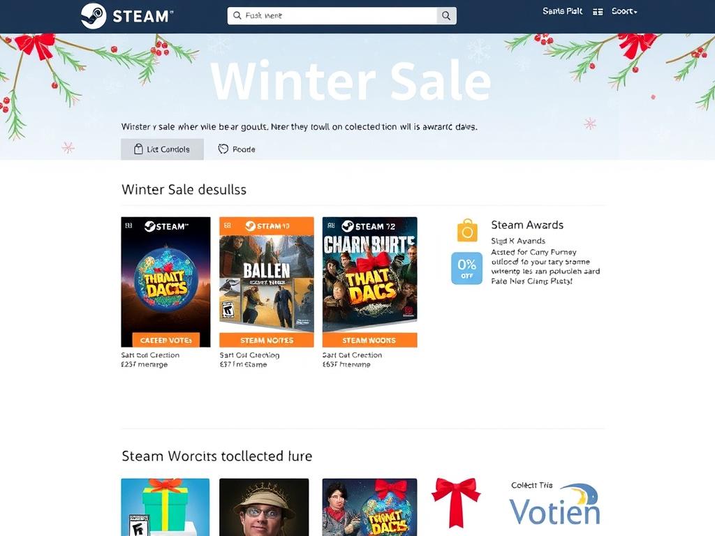 Steam冬季促销活动页面，展示节日主题和大幅折扣