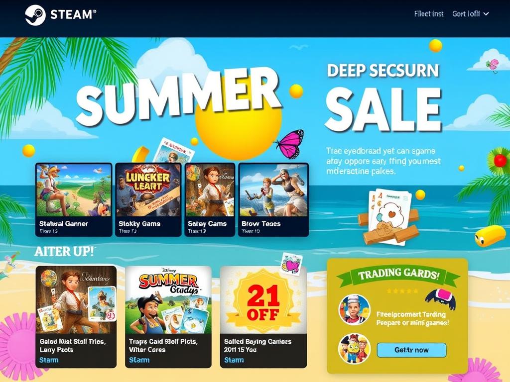 Steam夏季促销活动页面，展示特色游戏和折扣
