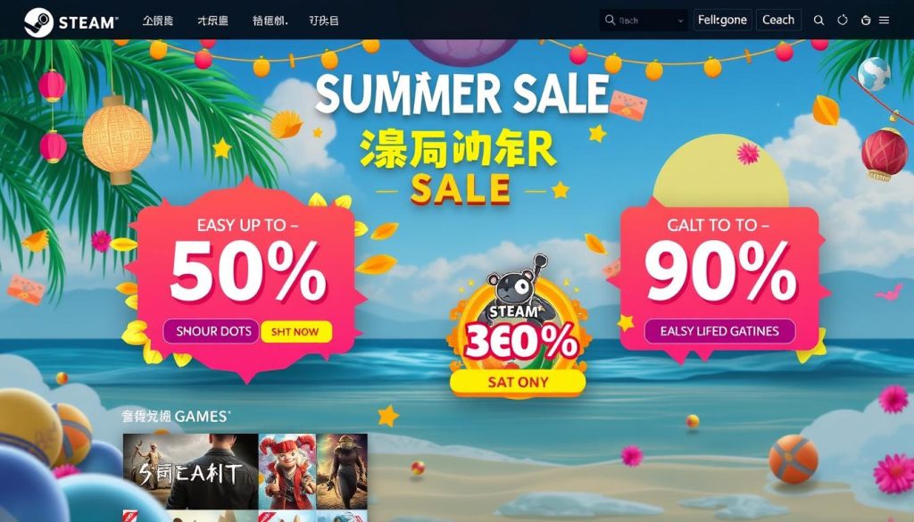 Steam夏季特卖活动页面，展示多款大幅度折扣的游戏