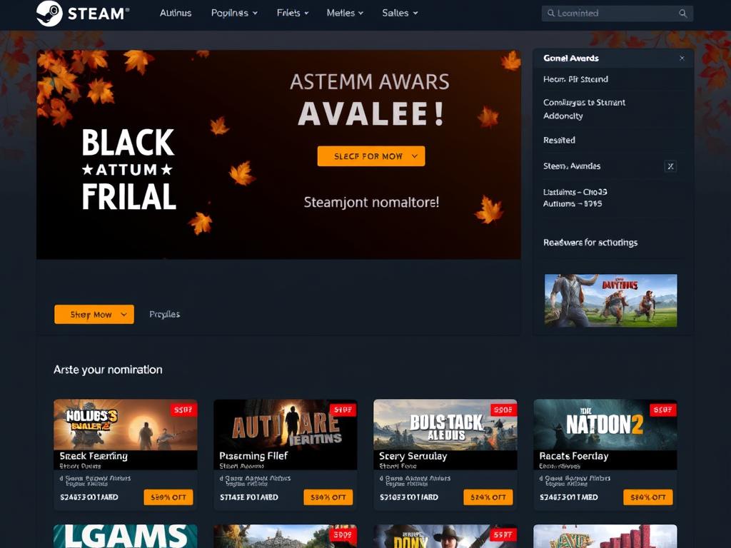 Steam黑色星期五促销页面，展示特价游戏和Steam大奖提名