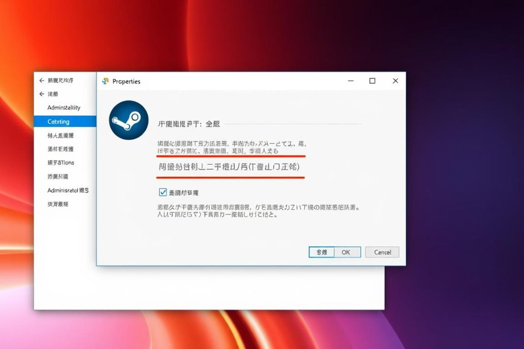 Steam属性窗口中设置管理员权限的界面